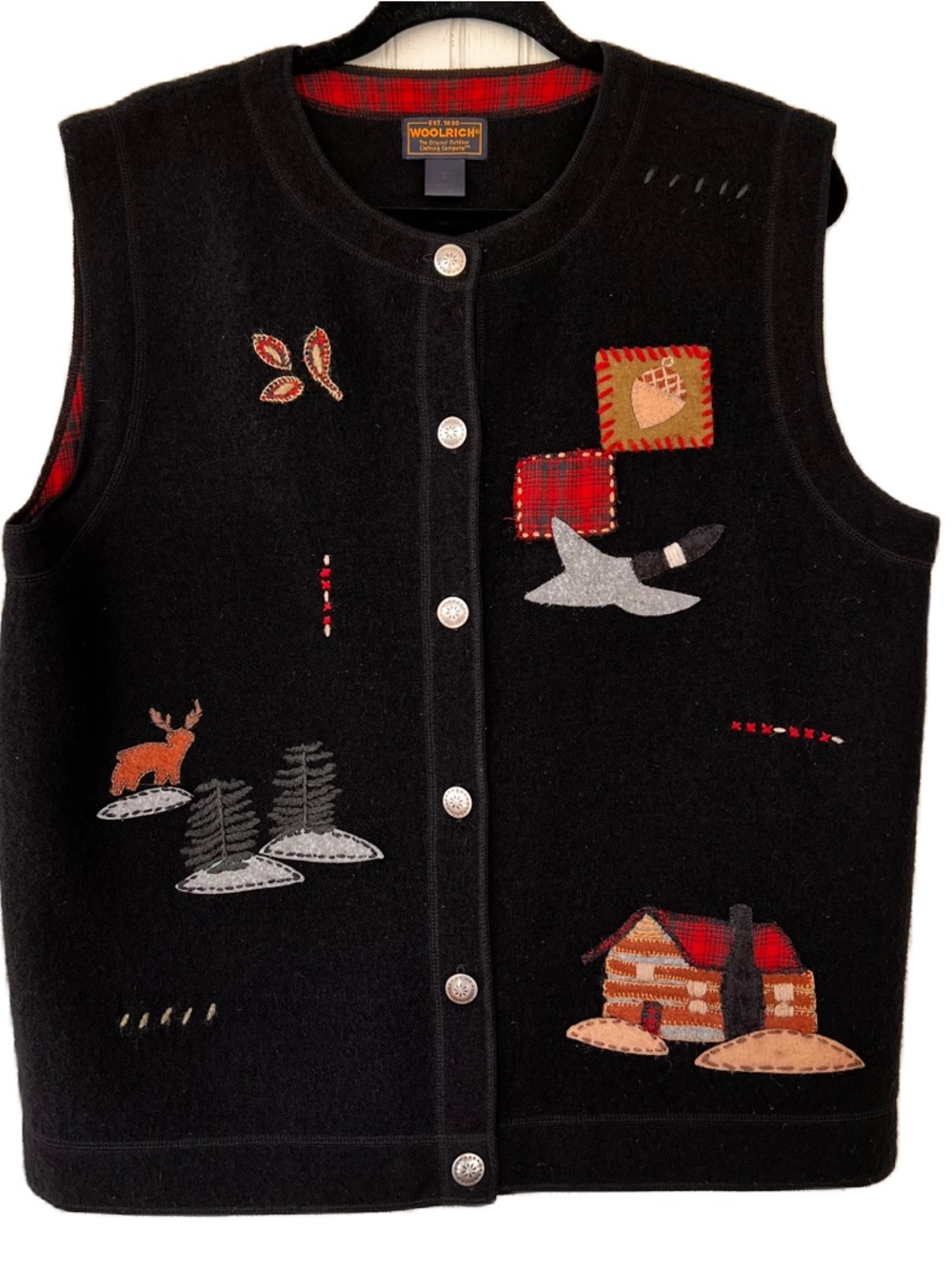 Vintage Woolrich Cardigan Vest Womens XL Black Wool Cabin Rustic Teacher Sweater